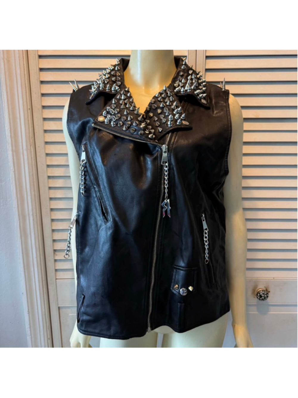 Women's Studded Faux Leather Vest, Black/Silver, Size XL